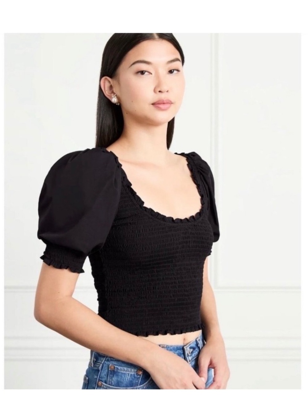 NWT Hill House Home The Aiko Top Smocked in Black Size XS